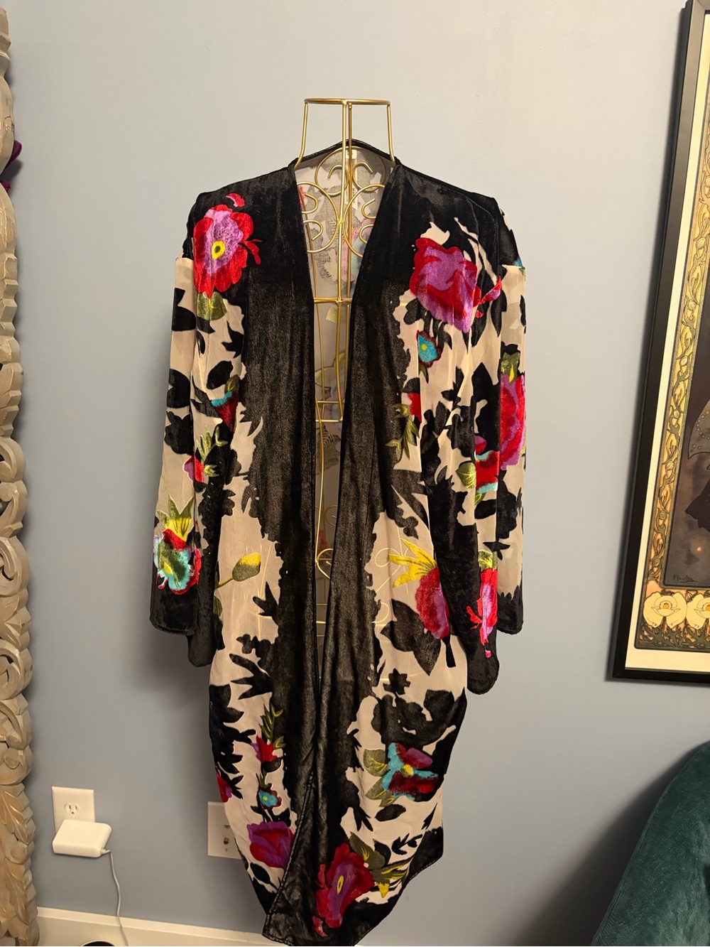 Anthropologie Floral Velvet Kimono Robe - Black, Cream & Pink